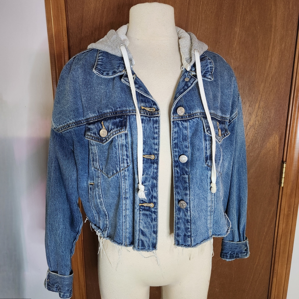 Forever 21 Blue Denim Jacket with Cream Hood
